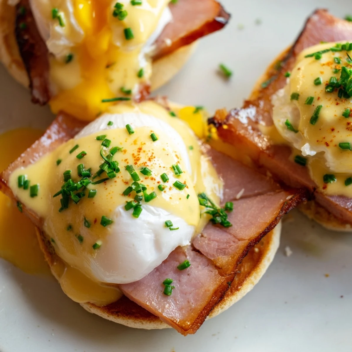 Golden, creamy Eggs Benedict with runny yolks, Canadian bacon, and rich hollandaise.