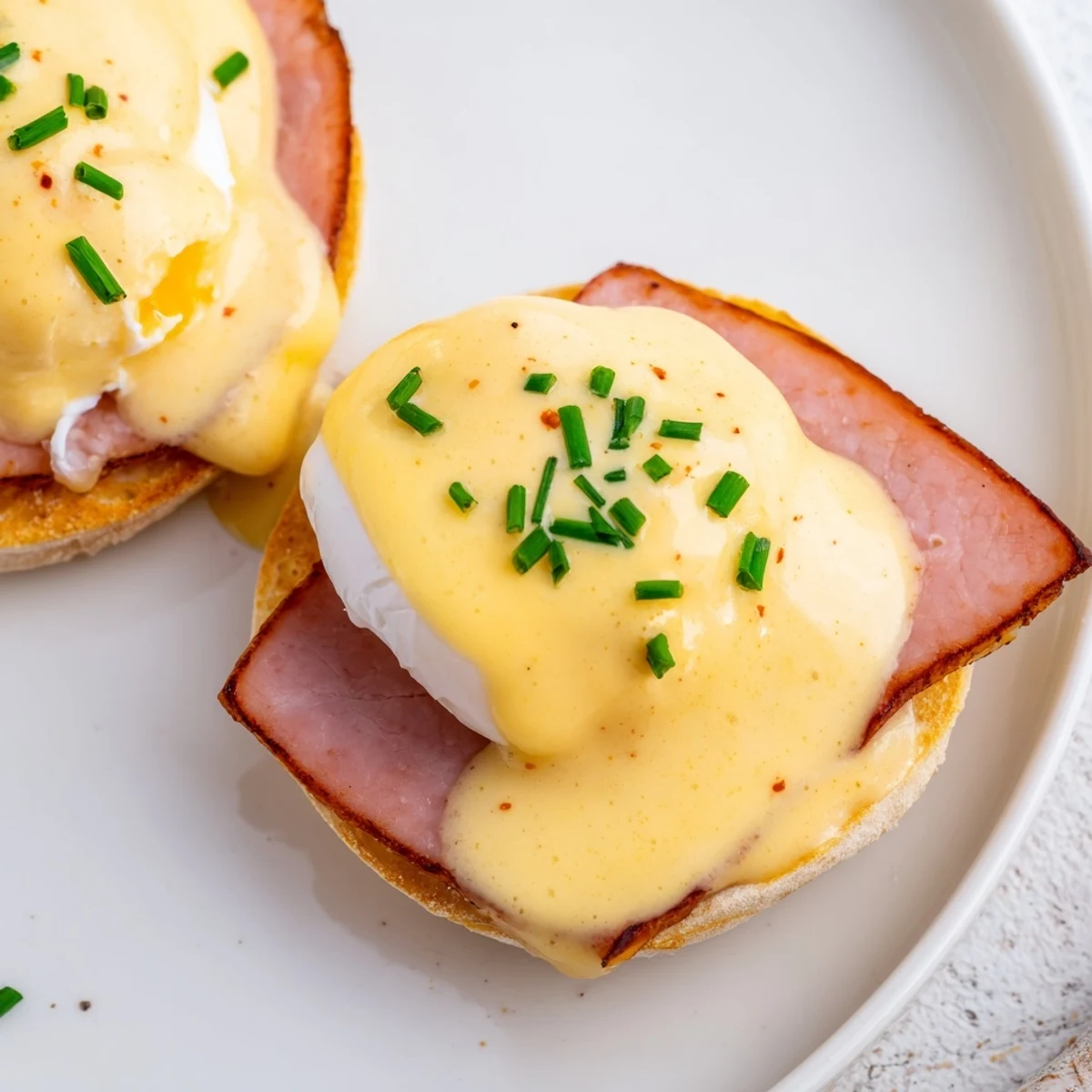 A plate of Eggs Benedict showcases perfectly poached eggs on toasted English muffins, ready to enjoy.