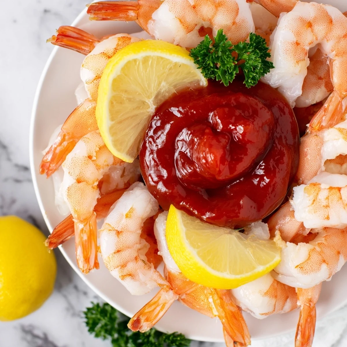 Plump chilled shrimp cocktail, beautifully arranged with bright lemon wedges and a spicy sauce.