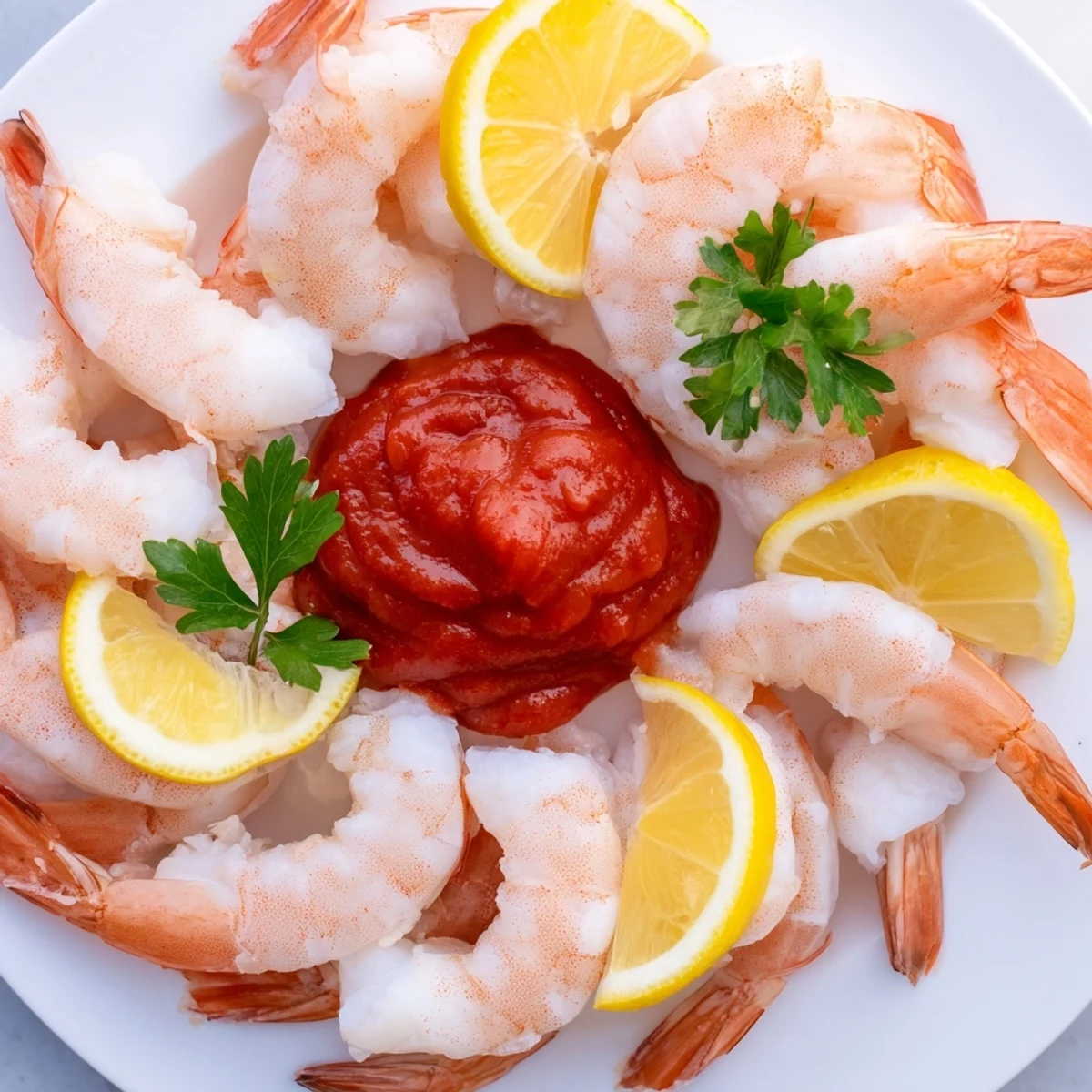 Freshly made shrimp cocktail, featuring pink cooked shrimp with a vibrant, flavorful cocktail sauce.