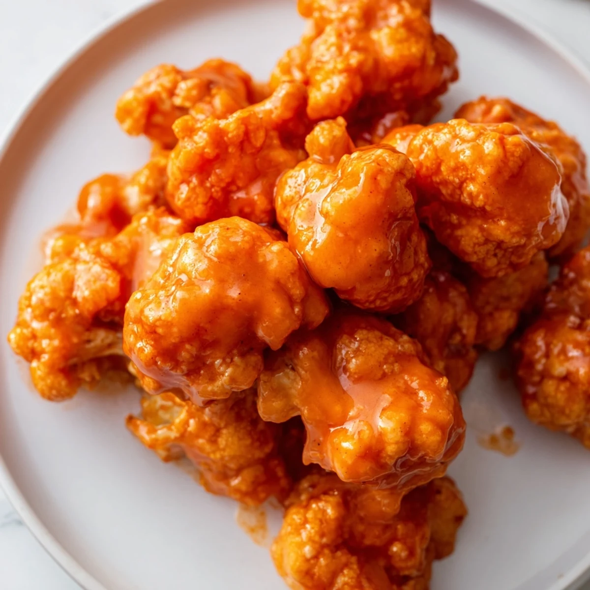 Crispy buffalo cauliflower wings glistening with hot sauce, a flavorful vegetarian appetizer.