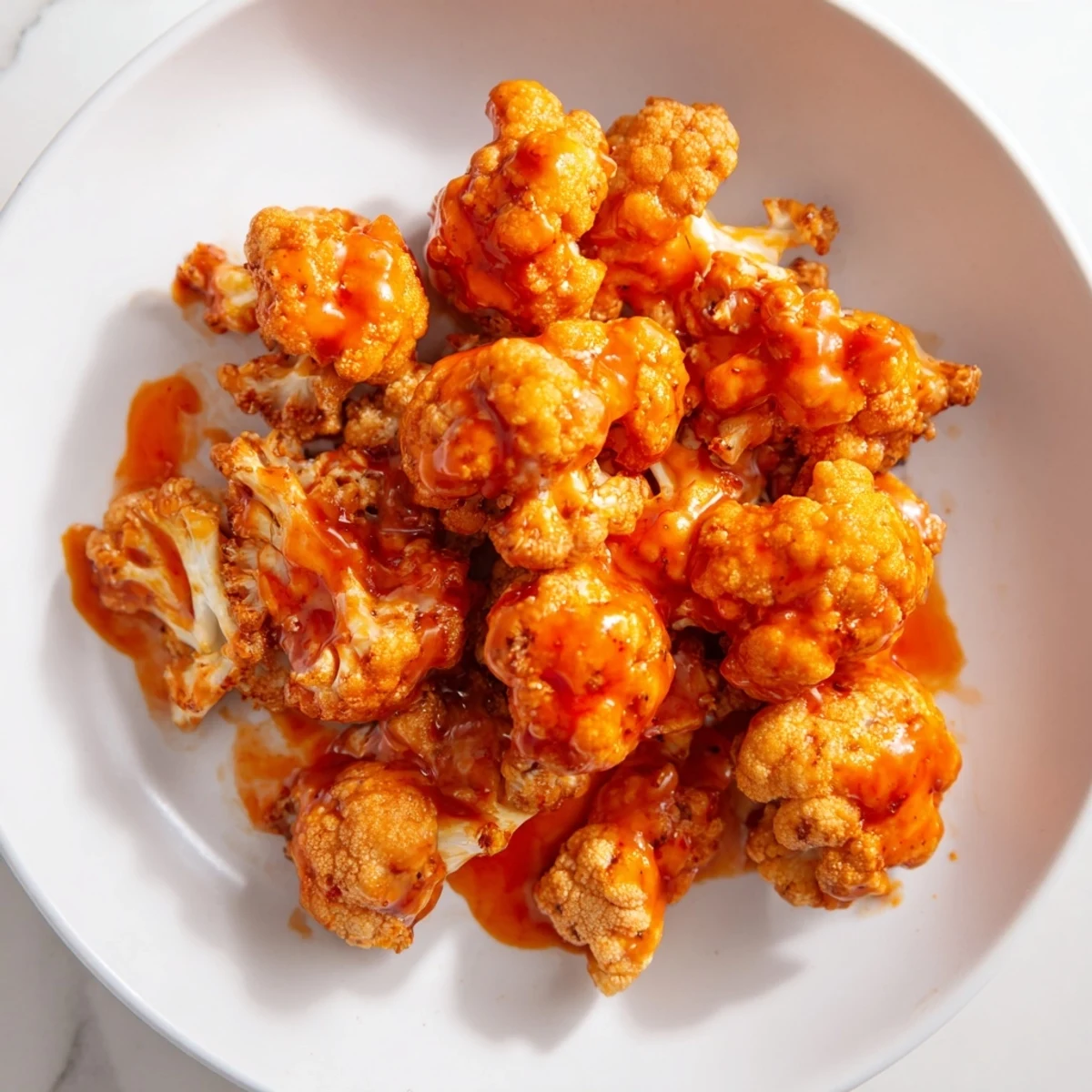 A close-up of saucy buffalo cauliflower wings, served alongside celery sticks and dipping sauce.