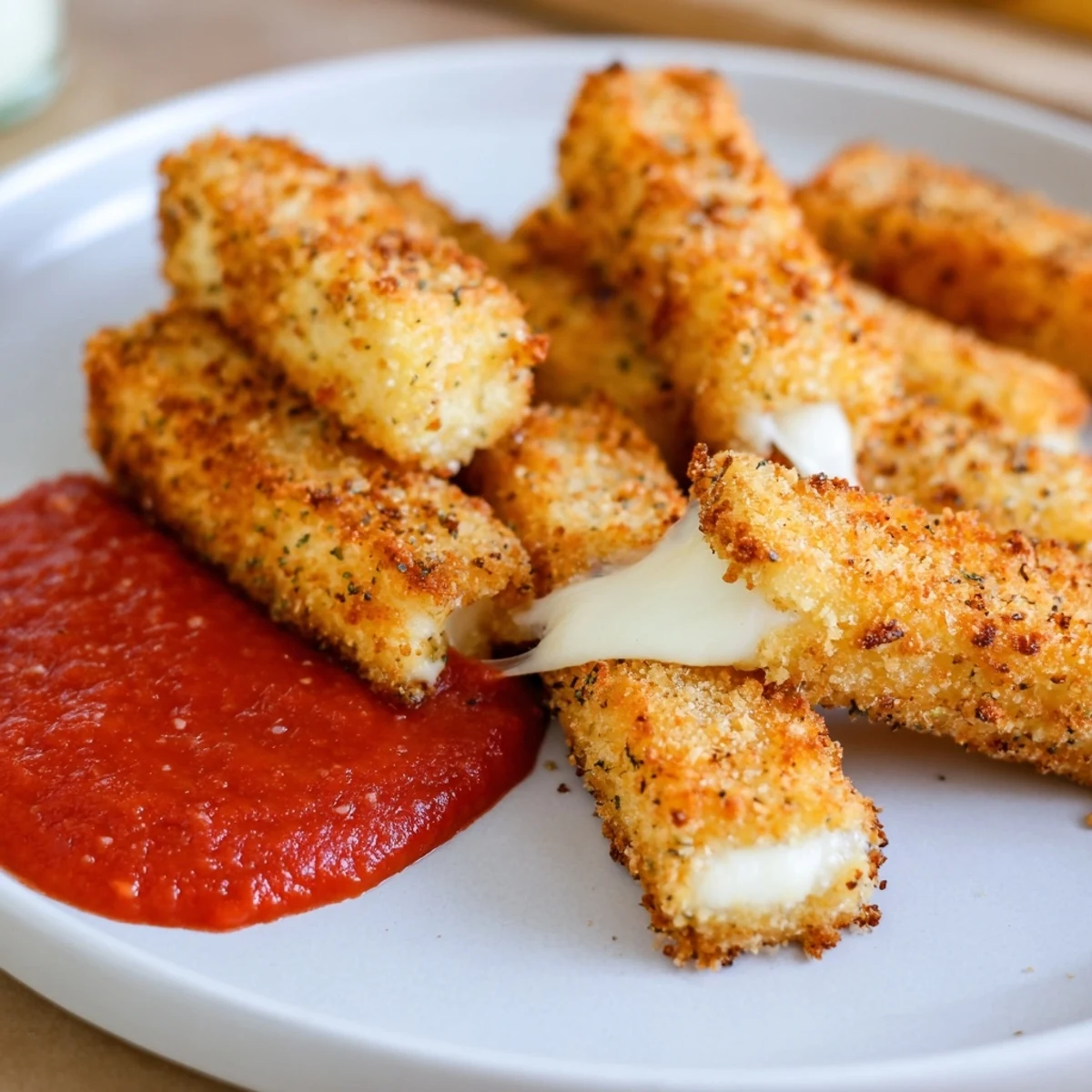 Golden, crispy mozzarella sticks with melted cheese oozing, ready to be dipped.