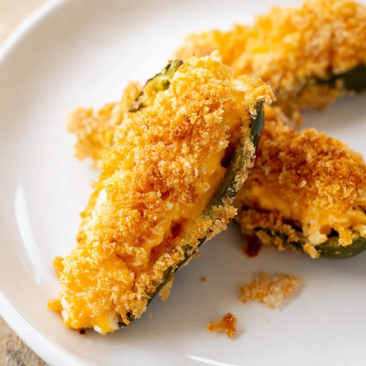 A close-up of crispy jalapeño poppers, revealing the creamy cheese filling and spicy peppers.