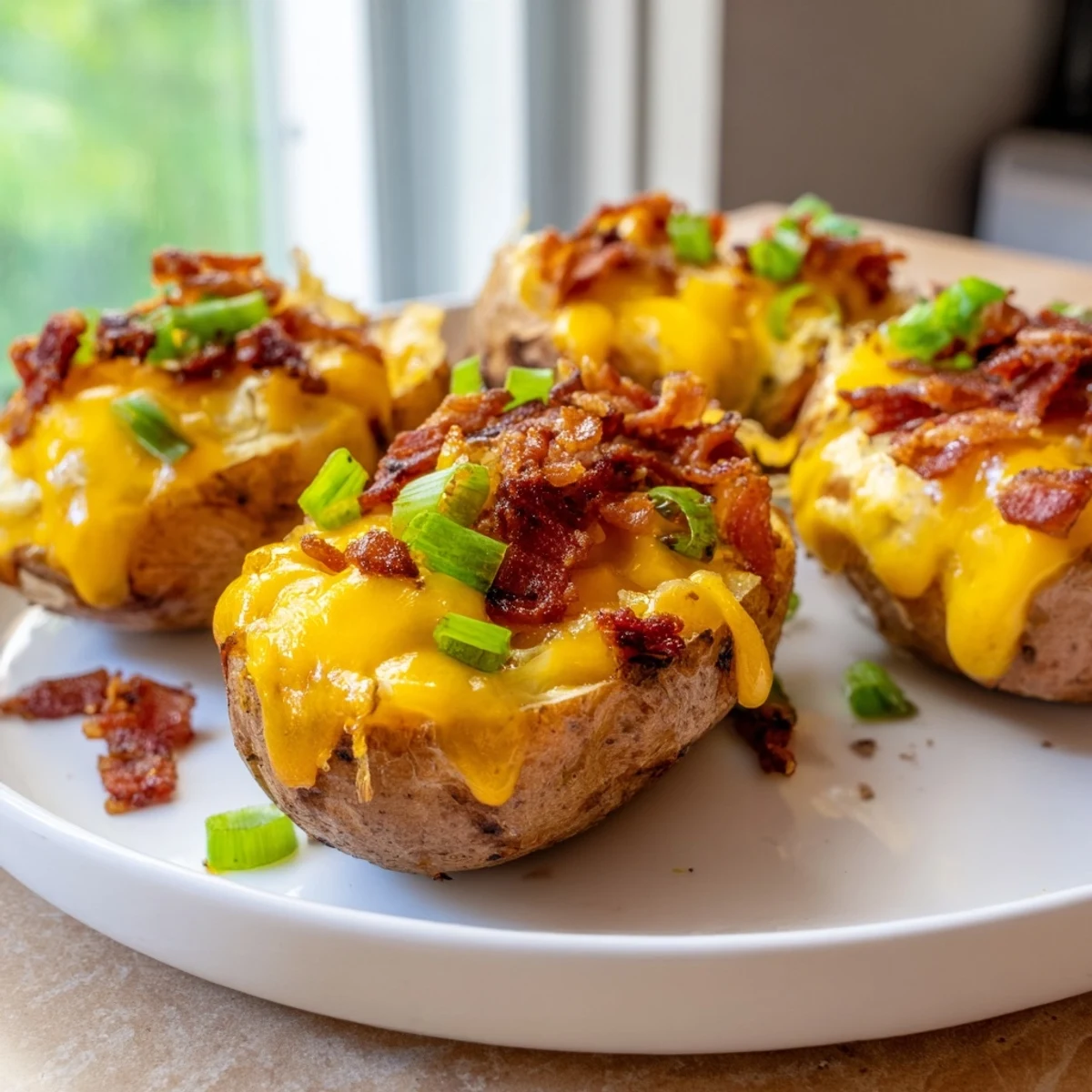 A plate of loaded Potato Skins, baked until crispy, offering a savory classic appetizer moment.