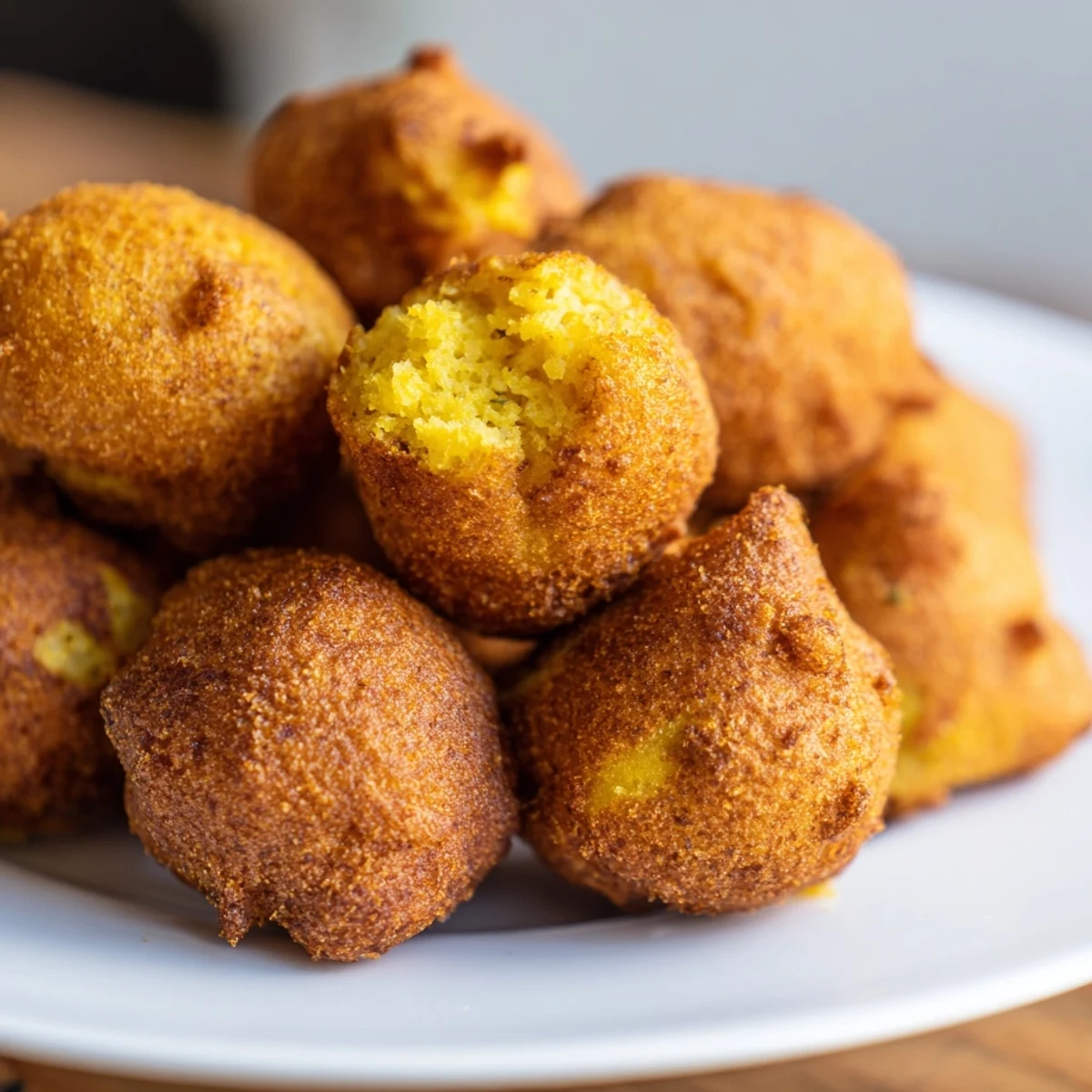Golden-brown hushpuppies, steaming hot and crispy, the perfect Southern side dish for dinner.