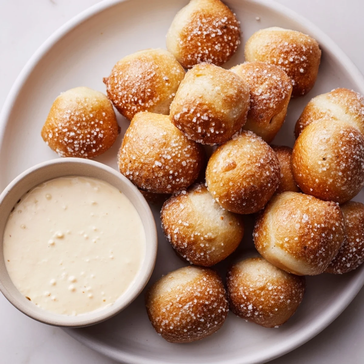 Golden-brown pretzel bites, soft inside, served alongside a warm, creamy cheese dip for dipping.