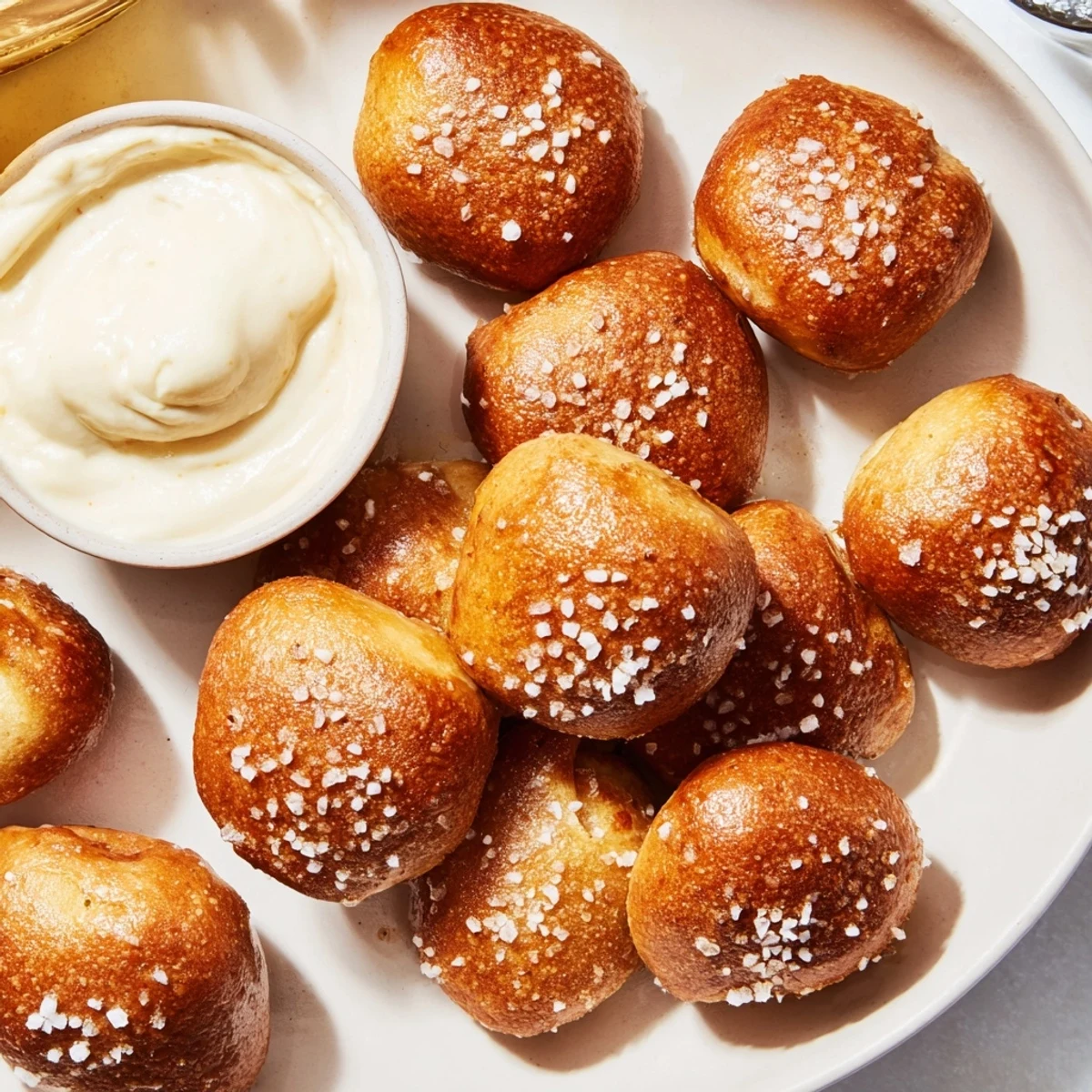 Freshly baked pretzel bites, with a generous sprinkle of salt, paired with a vibrant cheese dip.