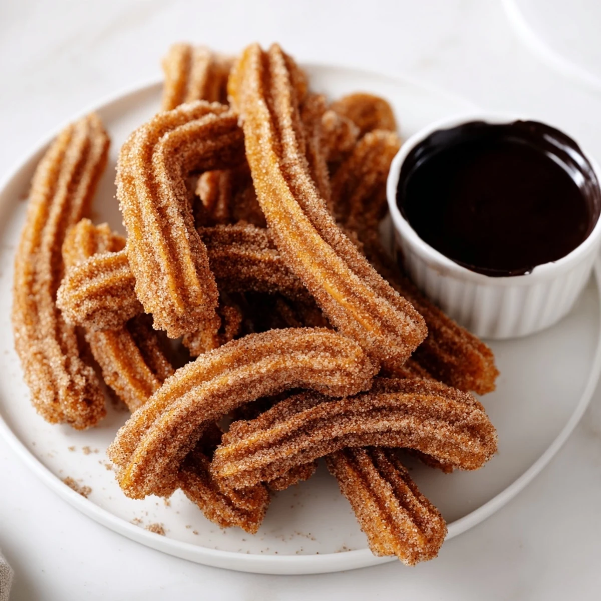 Warm, golden-brown churros dusted with cinnamon sugar, ready to be dipped into rich chocolate.
