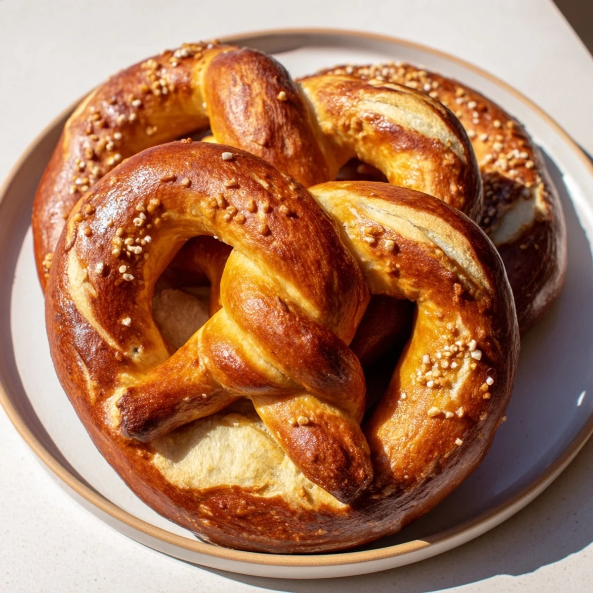 Golden brown and salty Soft Pretzels, fresh from the oven, served alongside a bowl of mustard.