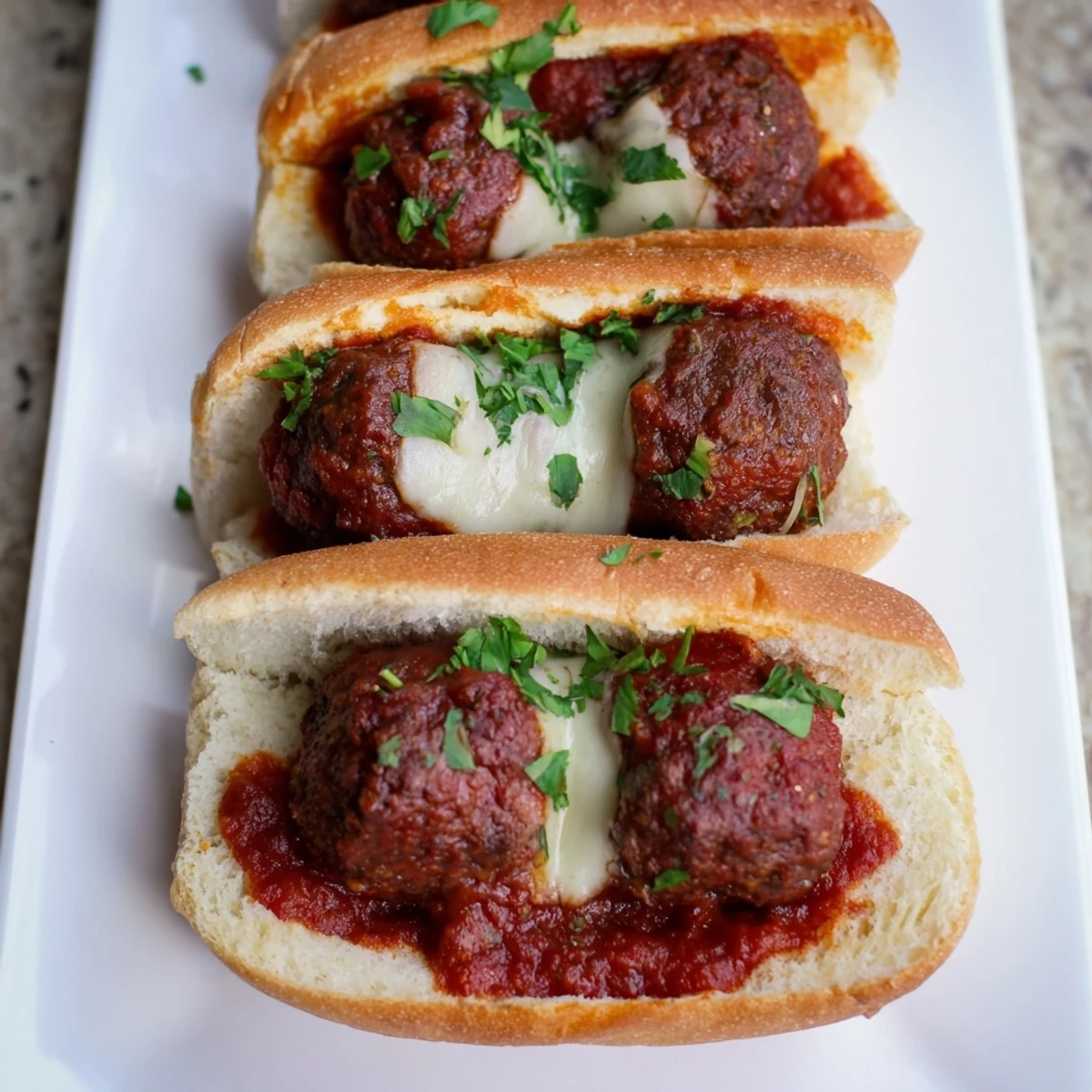 Tender, saucy meatball subs with melted cheese ooze from a toasted, golden-brown roll.