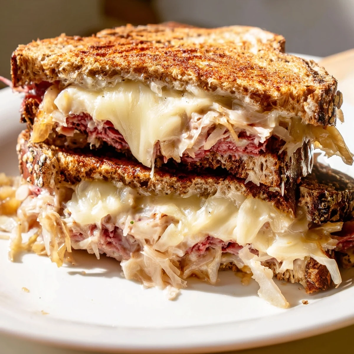 Golden-brown Reuben sandwich with melted Swiss, juicy corned beef, and tangy sauerkraut inside.