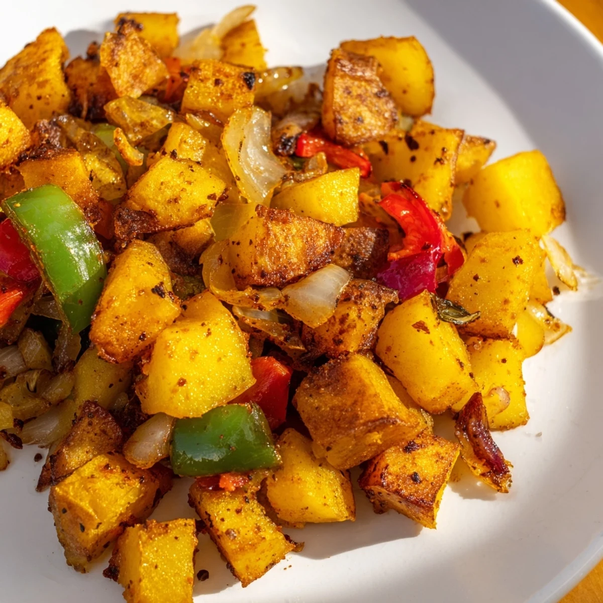 Golden-brown home fries with crispy edges are served alongside vibrant bell peppers on this plate.