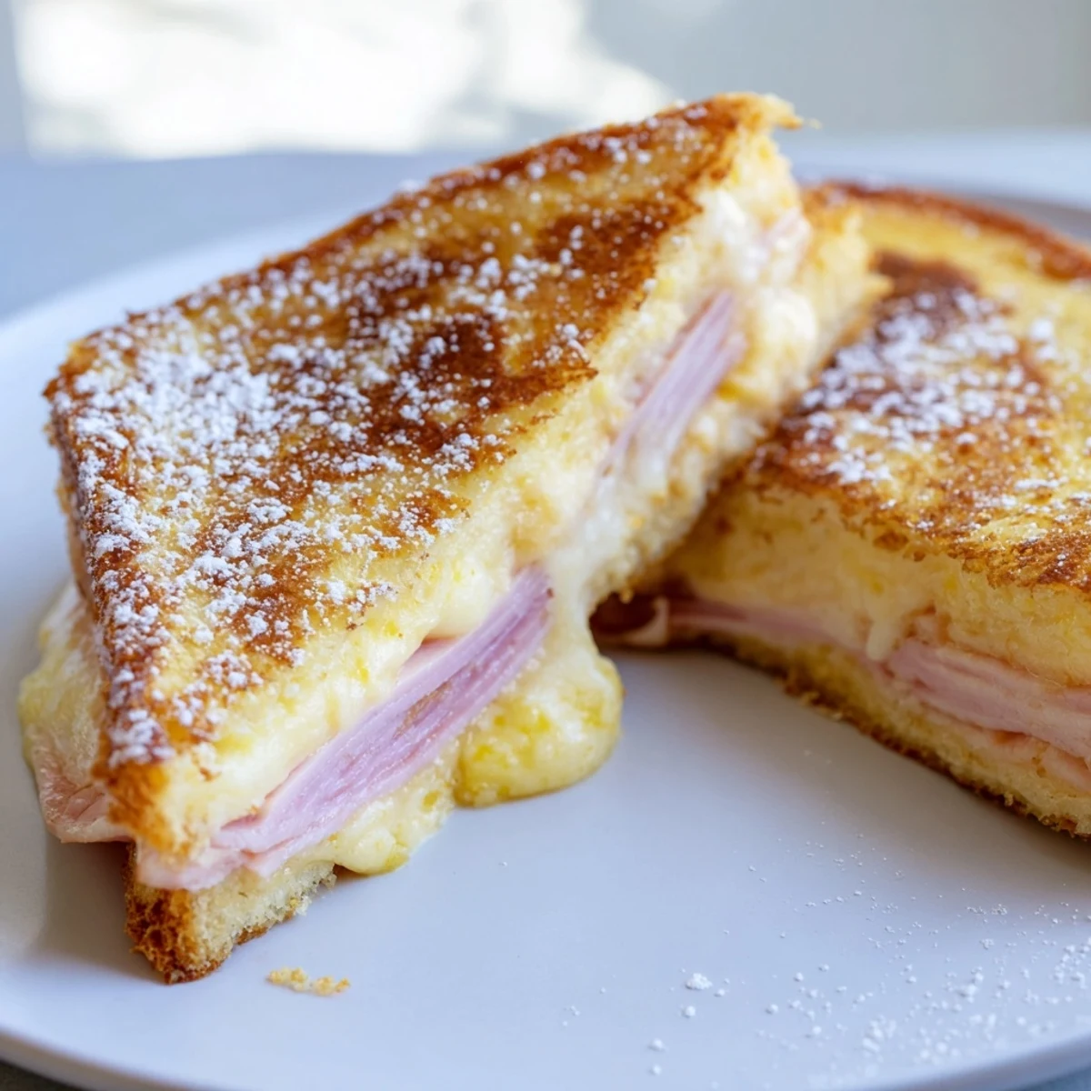Golden-brown Monte Cristo sandwich, pan-fried to perfection, oozing melted Swiss cheese and ham.