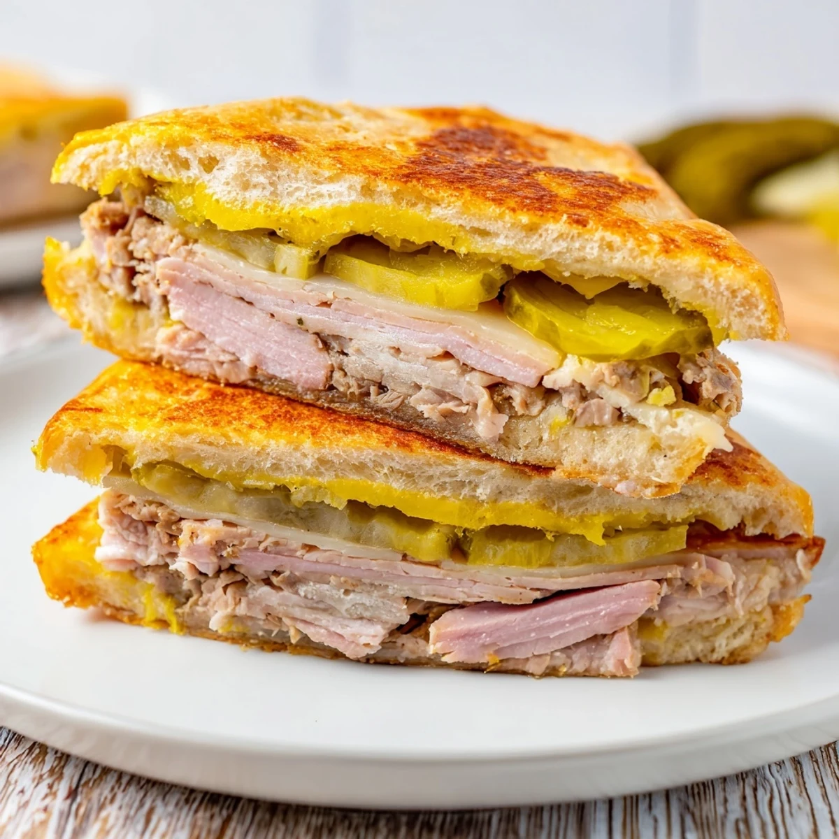 A perfectly grilled Cuban Sandwich with visible layers of pork, cheese, and pickles, ready to eat.