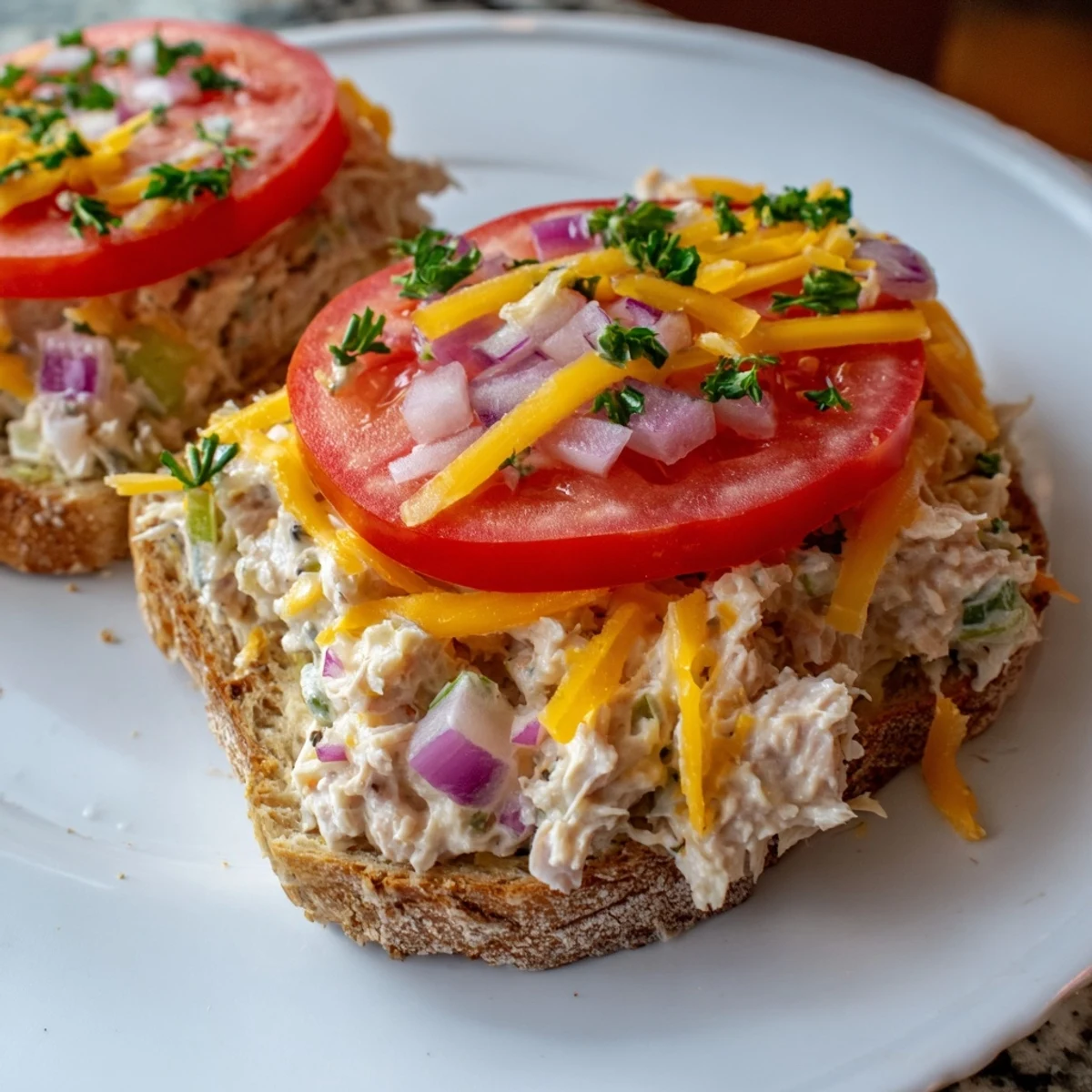 Golden, bubbly Tuna Melt, a comforting open-faced sandwich with melted cheddar and toasted bread.