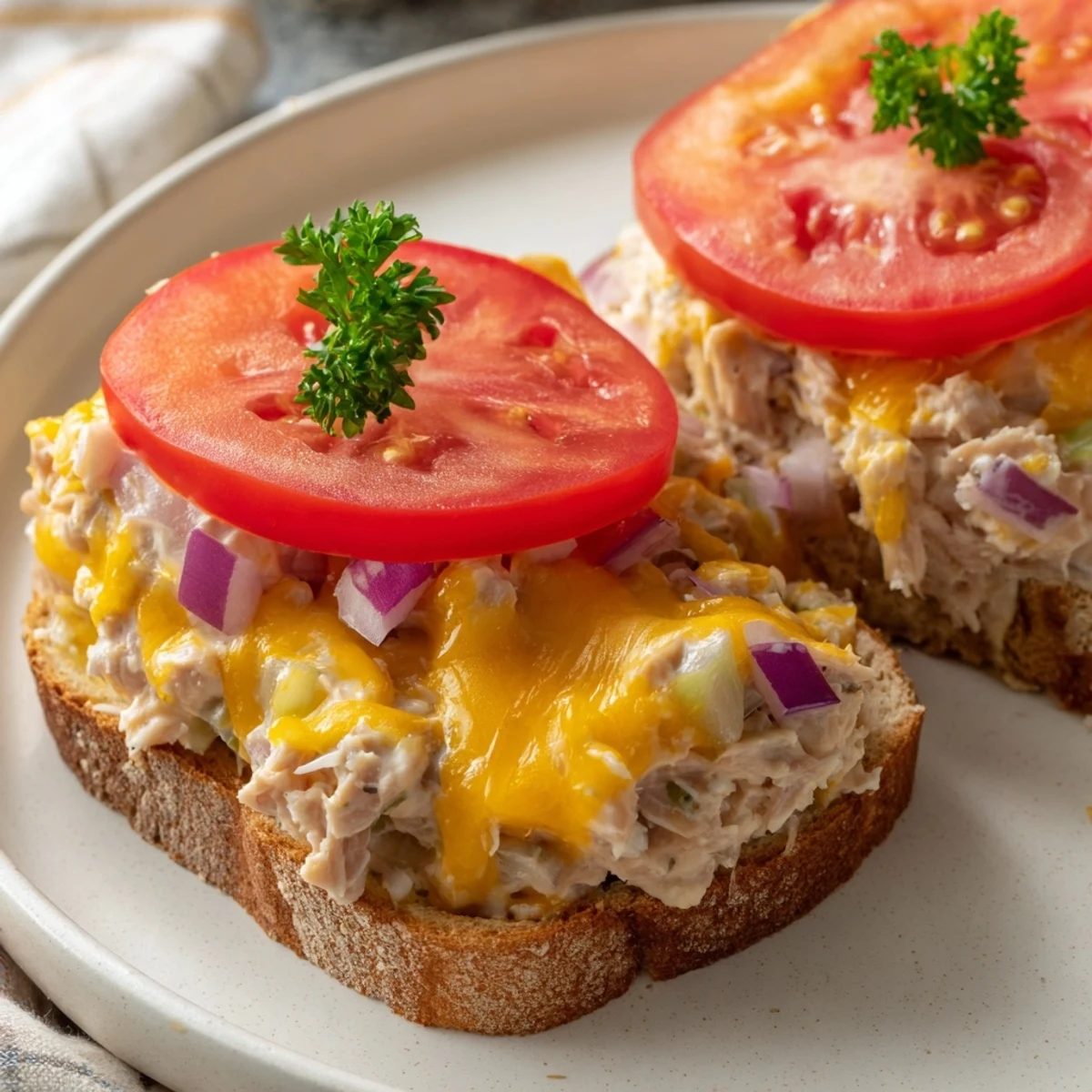 Sizzling, cheesy Tuna Melt on toasted bread, a delicious American classic ready to eat with a side salad.