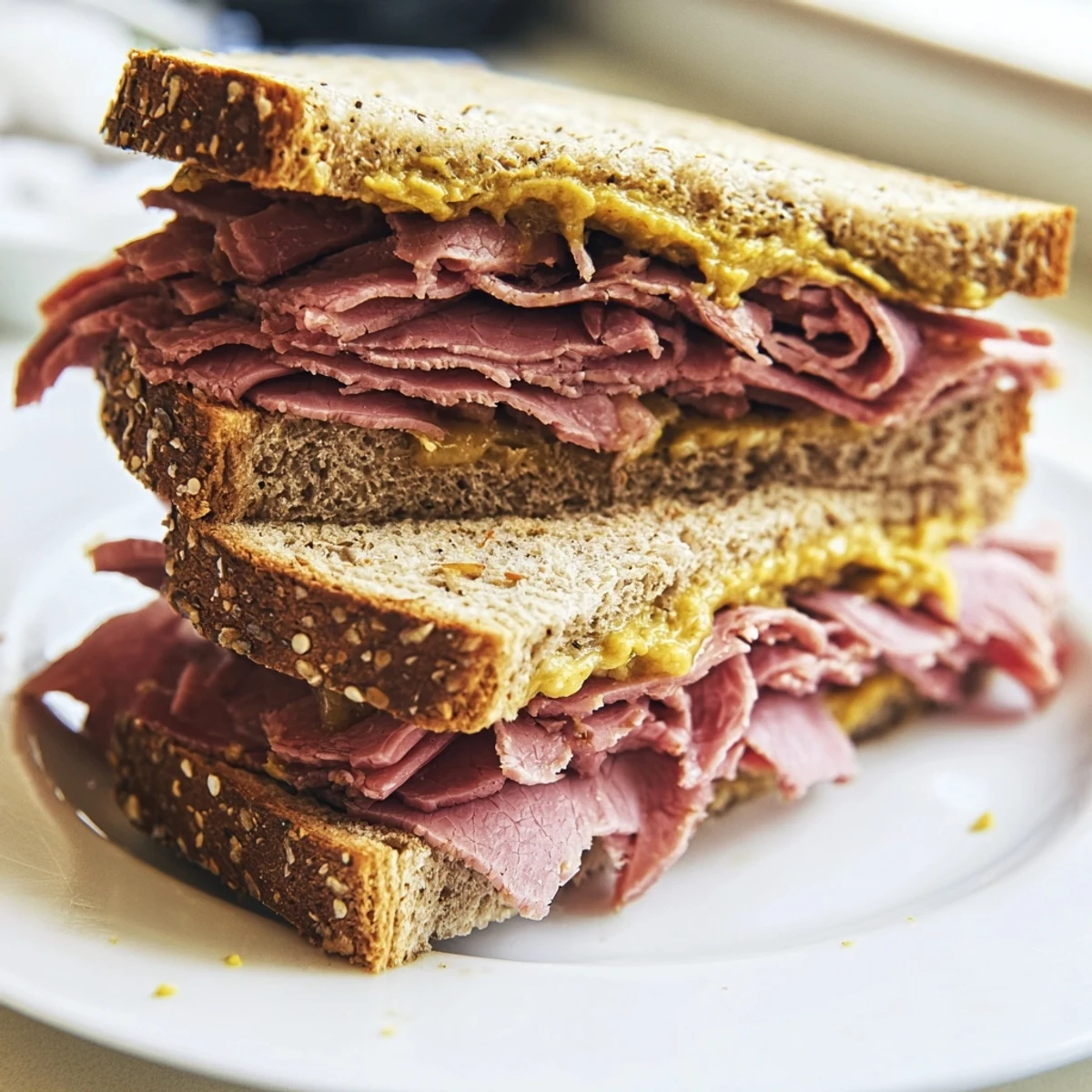 Warm, juicy Pastrami on Rye sandwich overflowing with savory meat and sharp mustard.