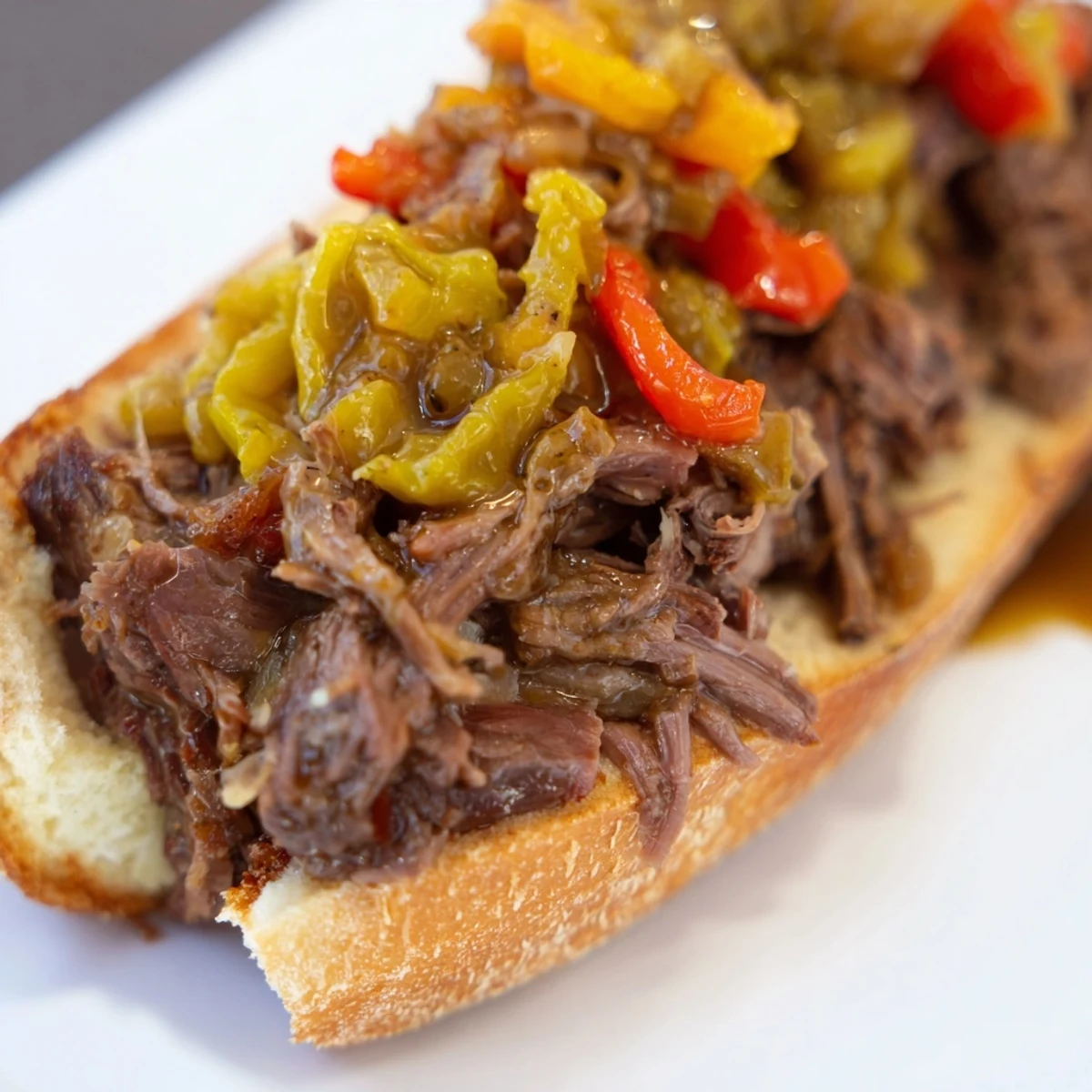 A close-up of a flavorful Italian Beef Sandwich on a toasted roll, drenched in savory au jus.