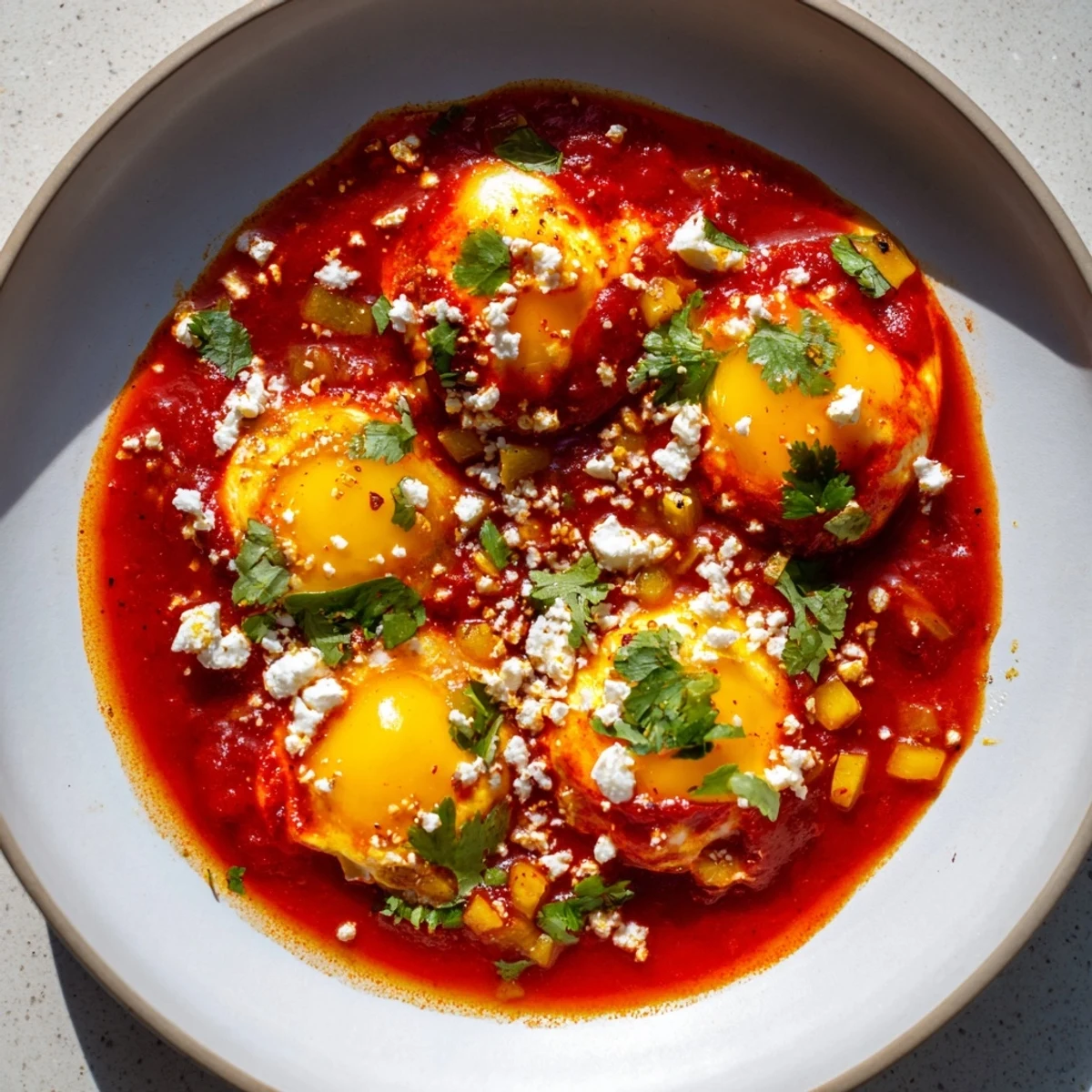 Golden-yolked eggs nestled in a rich, spicy tomato sauce – delicious Shakshuka served with crusty bread.