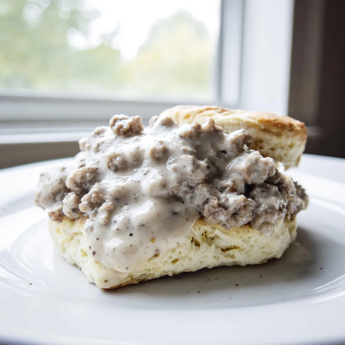 Fluffy, golden brown biscuits and gravy: a comforting breakfast with savory sausage.