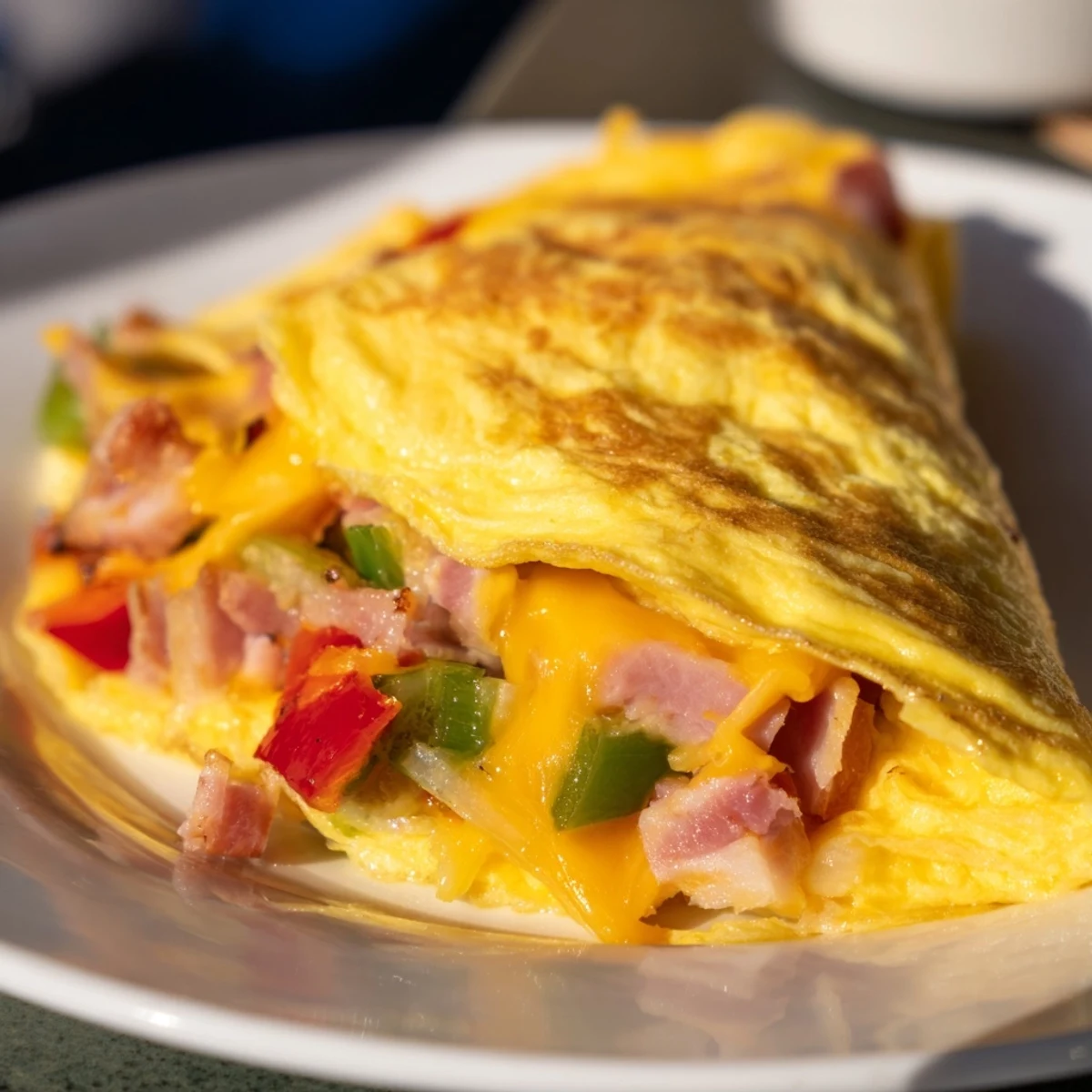 Close-up of a sizzling Denver Omelet, showcasing the textures of ham, peppers, and fluffy eggs.