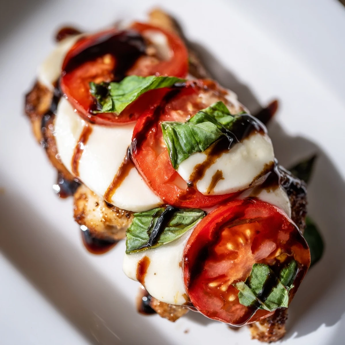 Golden-brown Caprese Chicken Skillet features juicy breasts topped with melted mozzarella, ripe tomatoes, and fresh basil, drizzled with balsamic glaze.