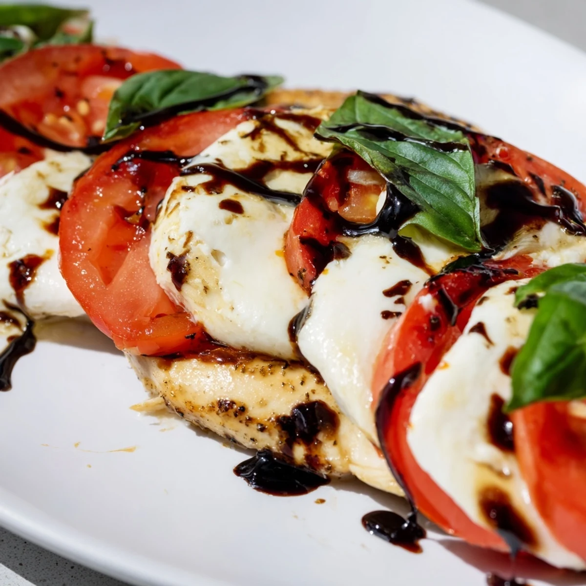 A close-up of Caprese Chicken Skillet reveals bubbling cheese, vibrant tomato slices, and fresh basil on a savory, one-skillet Italian dinner.