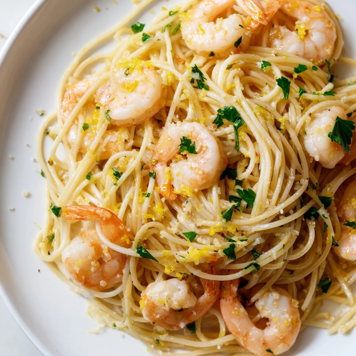 Bright, sautéed shrimp tossed with spaghetti in a glossy lemon garlic butter sauce, garnished with fresh parsley and lemon wedges.  