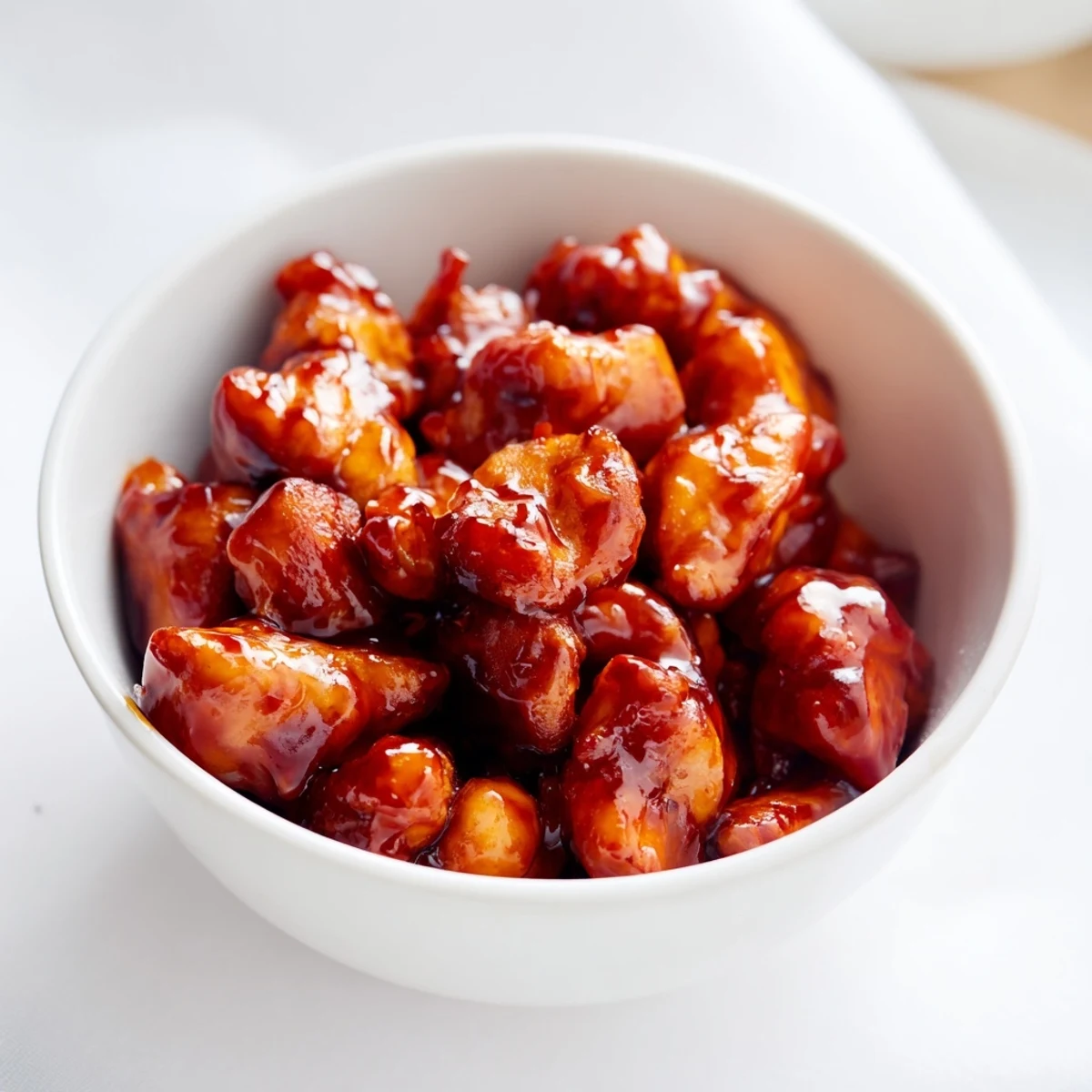 Sweet chili chicken bowl garnished with fresh green onions and sesame seeds, steaming hot over rice and broccoli for a satisfying meal.