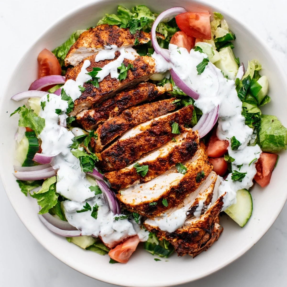 Freshly grilled chicken shawarma sits atop a bed of crisp greens, cucumbers, and tomatoes in this vibrant salad.  