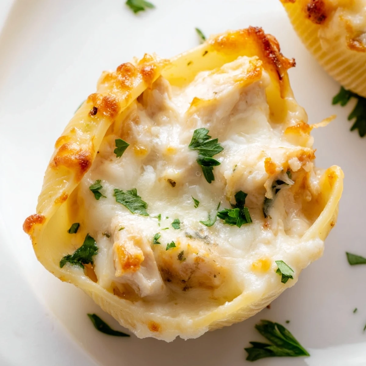 Creamy Chicken Alfredo Stuffed Shells bake golden and bubbly in a rich cheese sauce, served hot from the oven with parsley garnish.