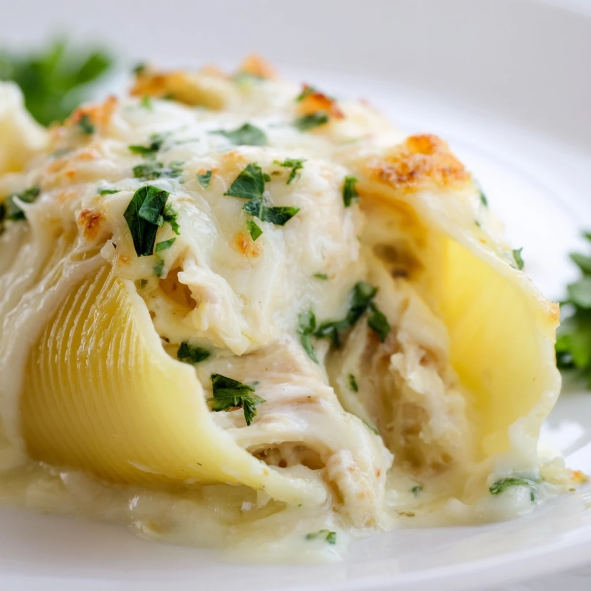Hearty Chicken Alfredo Stuffed Shells feature melted mozzarella and Parmesan, baked to perfection for a comforting Italian-American family dinner.