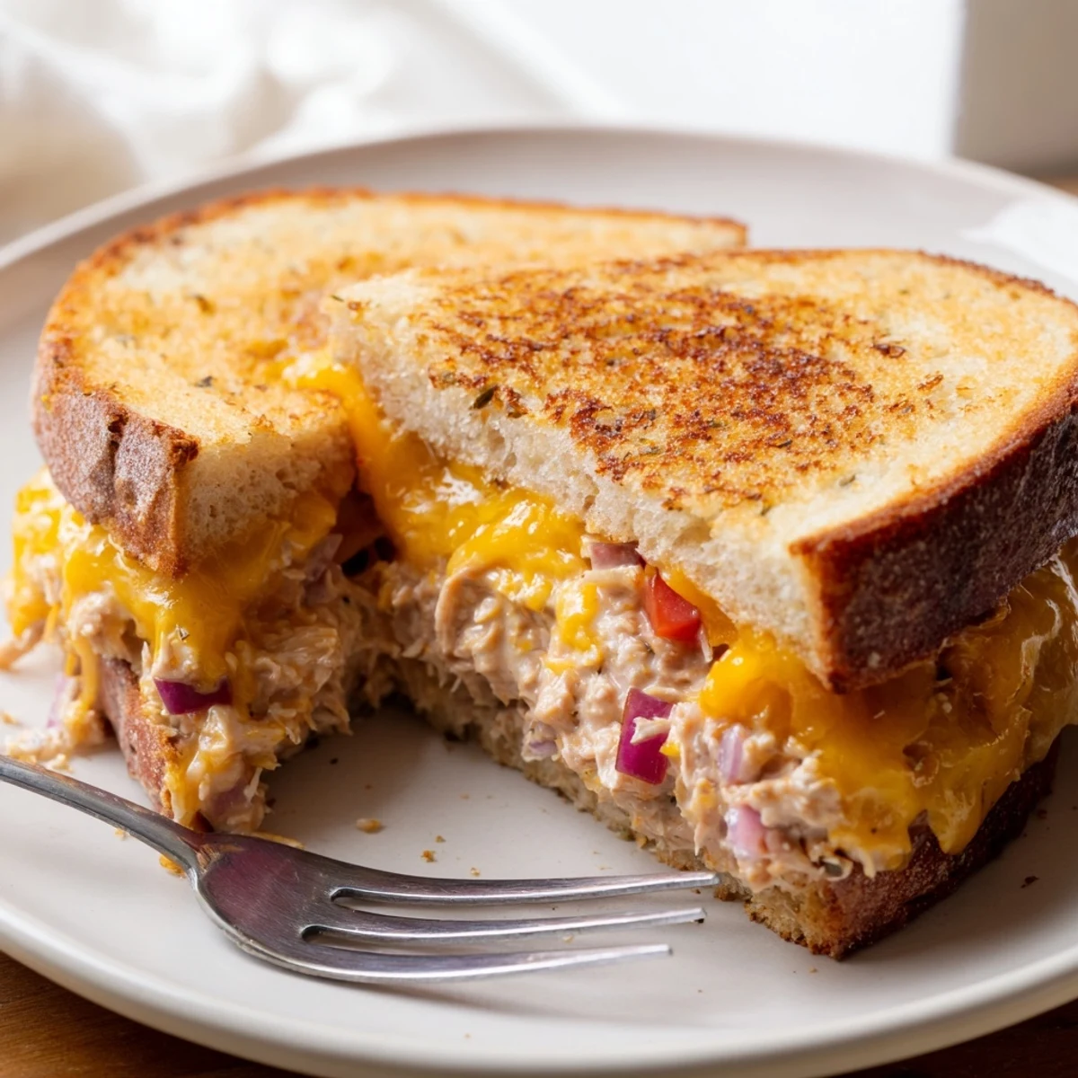 The golden-brown, toasted sourdough bread cradles a spicy tuna melt, with melted cheddar oozing from the edges.