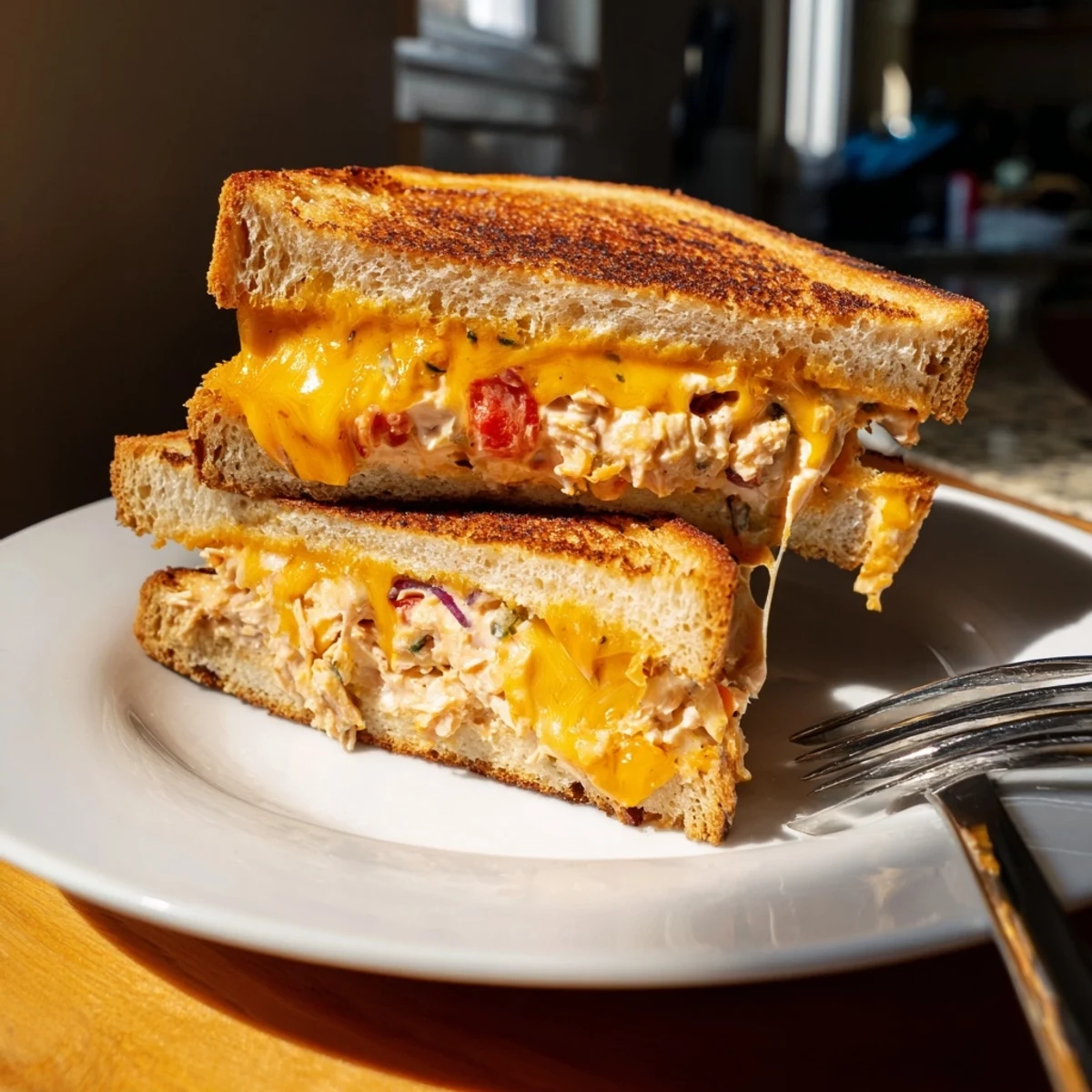 A close-up of a spicy tuna melt on toasted sourdough, featuring a thick layer of gooey melted cheese.