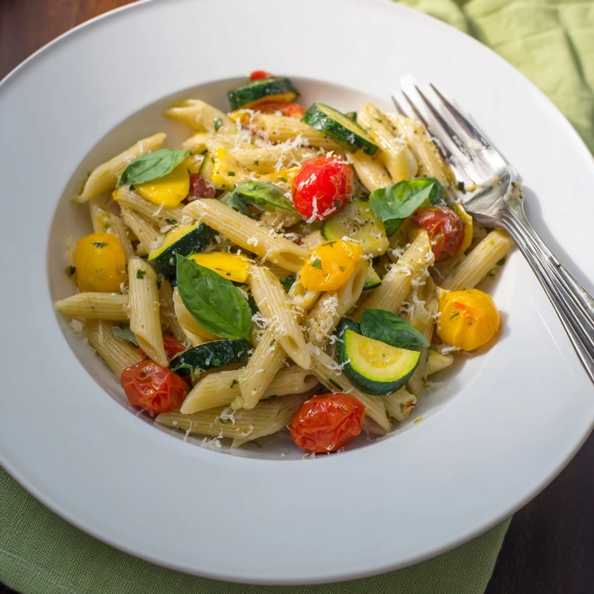 A close-up of Garden Veggie Pasta with colorful zucchini, yellow squash, and halved cherry tomatoes glistening in olive oil and fresh basil.