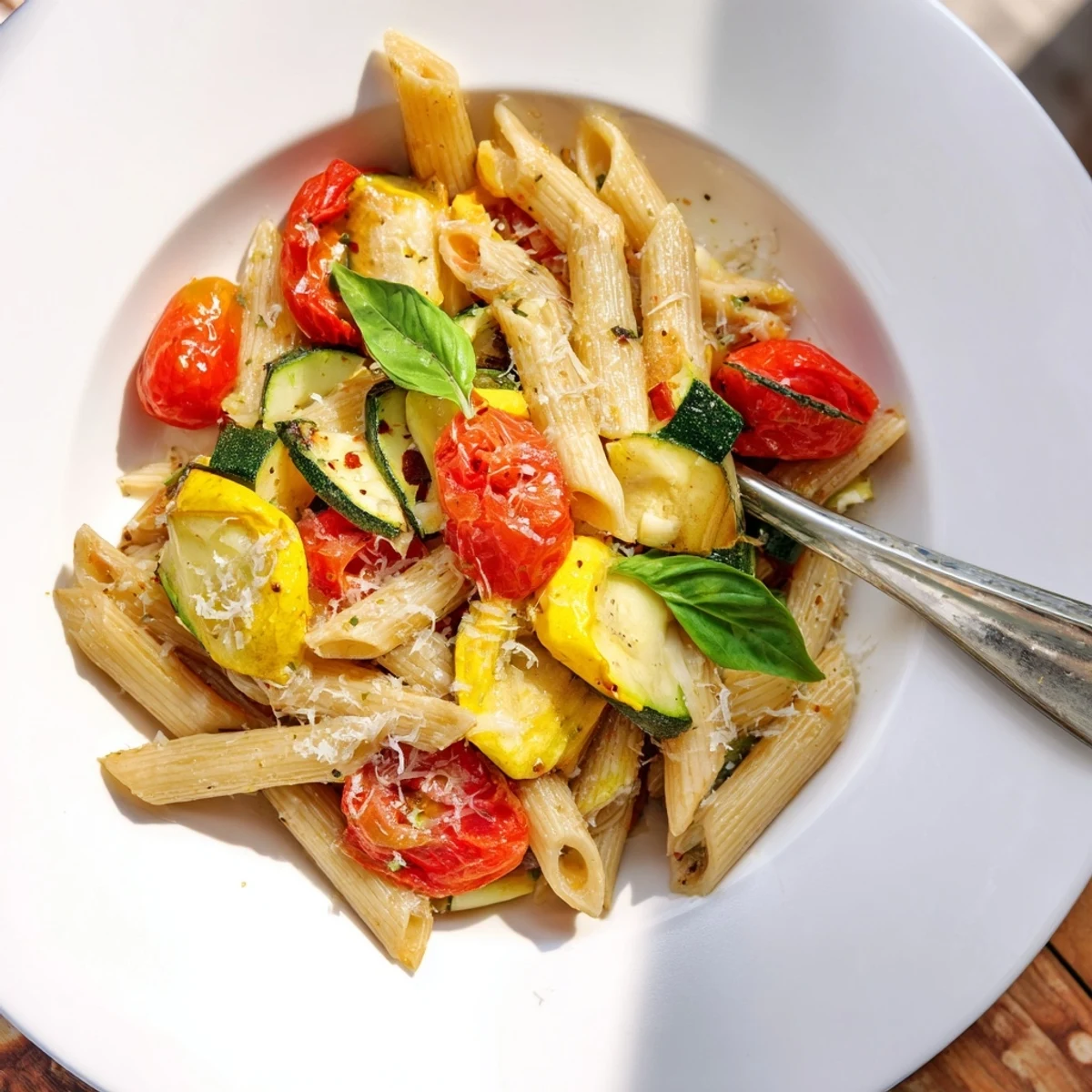 A skillet of Garden Veggie Pasta with penne, sautéed summer vegetables, garlic, and a light, silky sauce tossed with fresh basil.