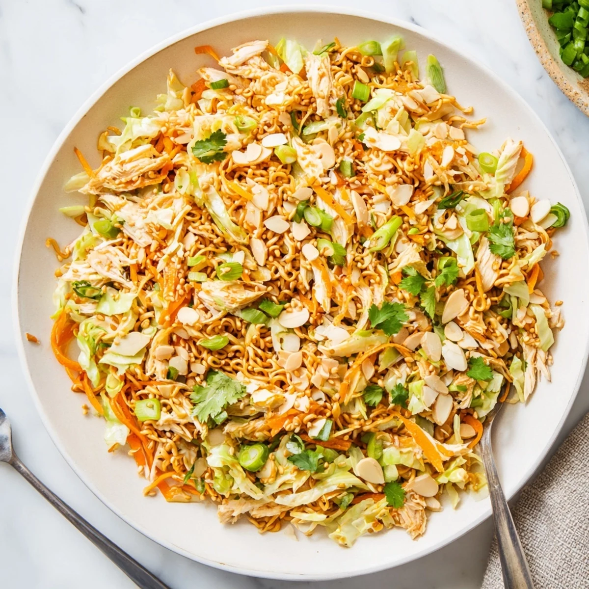 A vibrant bowl of Crunchy Ramen Chicken Salad with shredded cabbage, carrots, and tender rotisserie chicken tossed in a sweet sesame dressing.
