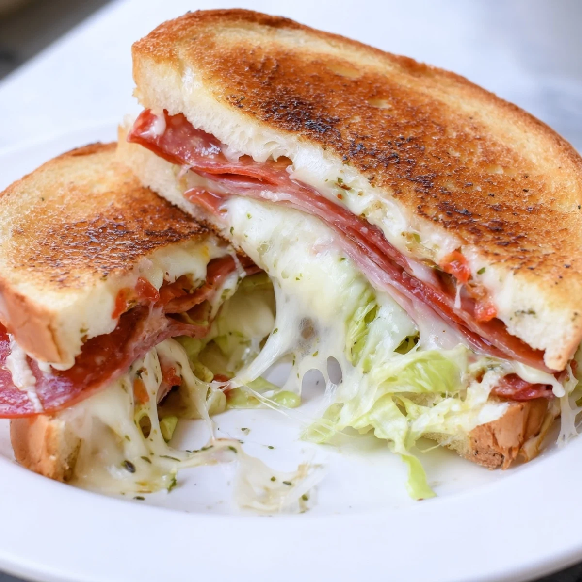 Golden-brown Italian Sub Grilled Cheese sandwiches sliced in half, revealing layers of melted provolone, salami, pepperoni, and tangy lettuce topping on a rustic board.  