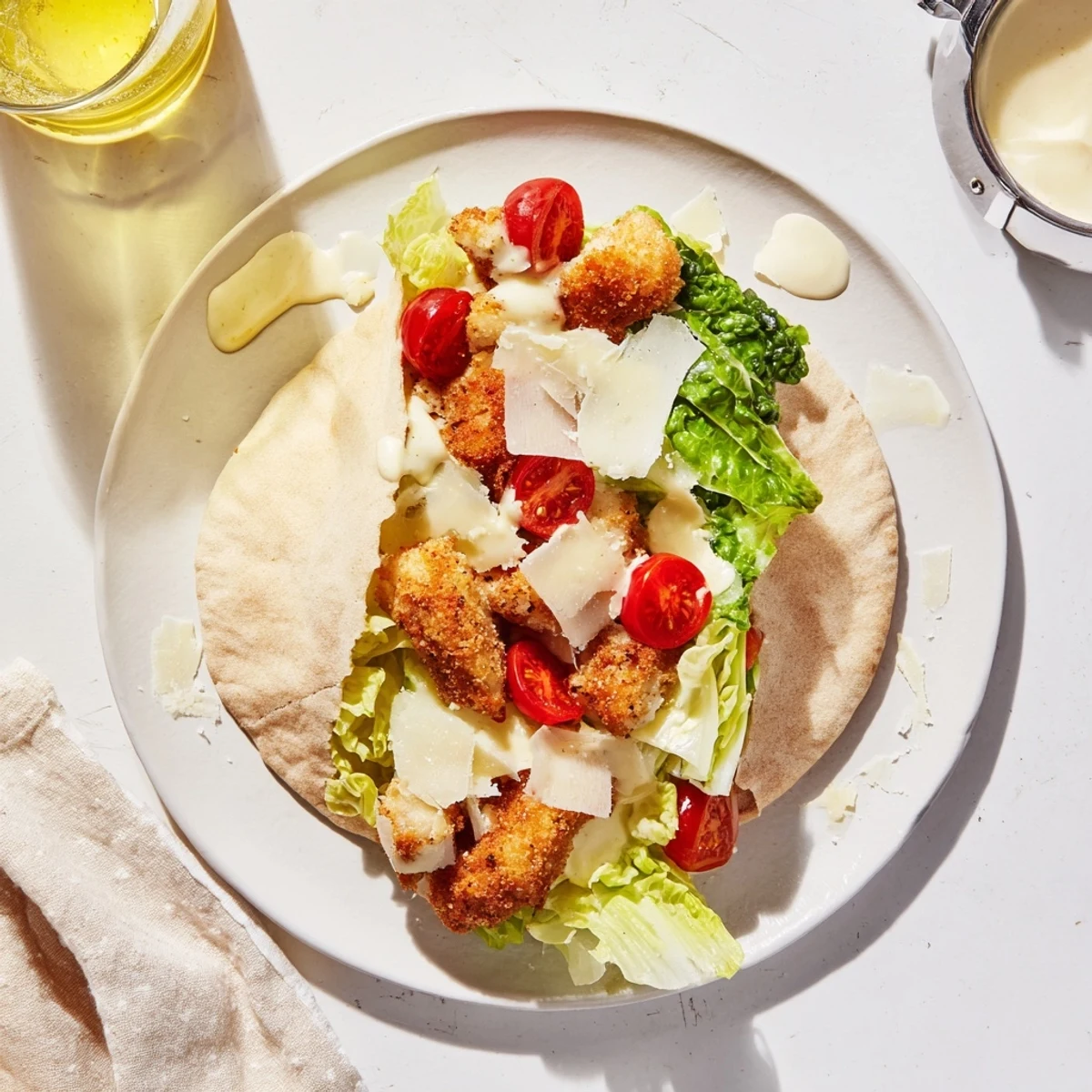 Golden-brown air-fried chicken strips stuffed into a warm pita with crisp romaine and creamy Caesar dressing for a handheld meal.