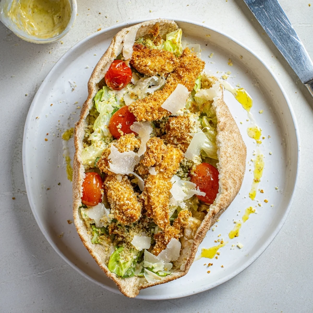 A freshly assembled Crispy Chicken Caesar Pita showcasing juicy chicken, shaved Parmesan, and cherry tomatoes, drizzled with extra Caesar dressing.