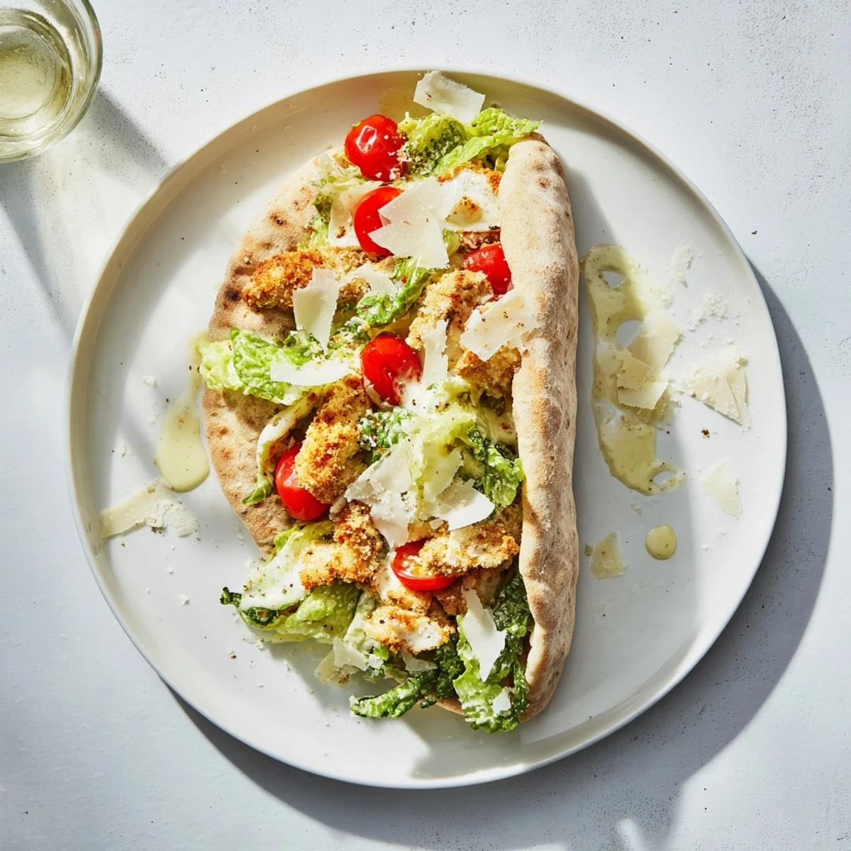 Close-up of a Crispy Chicken Caesar Pita with crunchy chicken, fresh romaine, and melty Parmesan, served with lemon wedges on the side.