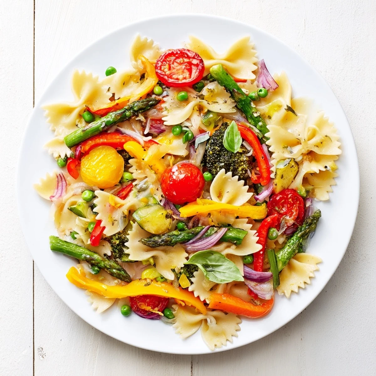 Vibrant Rainbow Veggie Pasta Primavera, a spring feast of colorful vegetables.