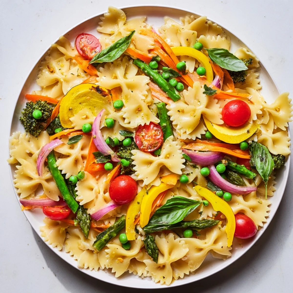 Tender bow-tie pasta in Rainbow Veggie Pasta Primavera bursting with fresh flavors.