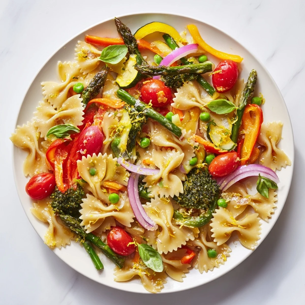 A forkful of Rainbow Veggie Pasta Primavera loaded with garden-fresh, crisp vegetables.