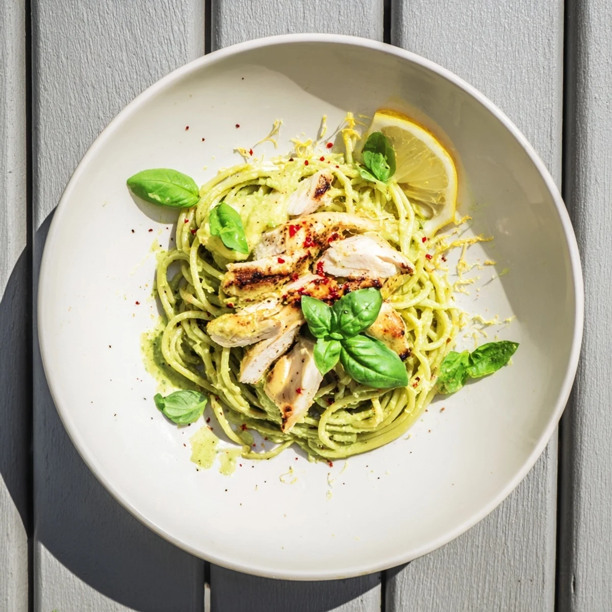 Creamy avocado chicken pasta features al dente spaghetti coated in a silky green sauce, topped with sliced grilled chicken and fresh basil leaves.