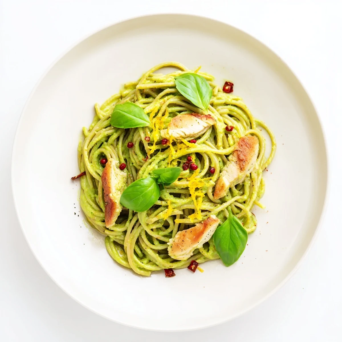 Golden grilled chicken breast slices rest atop creamy avocado chicken pasta, garnished with lemon zest and Parmesan on a rustic plate.