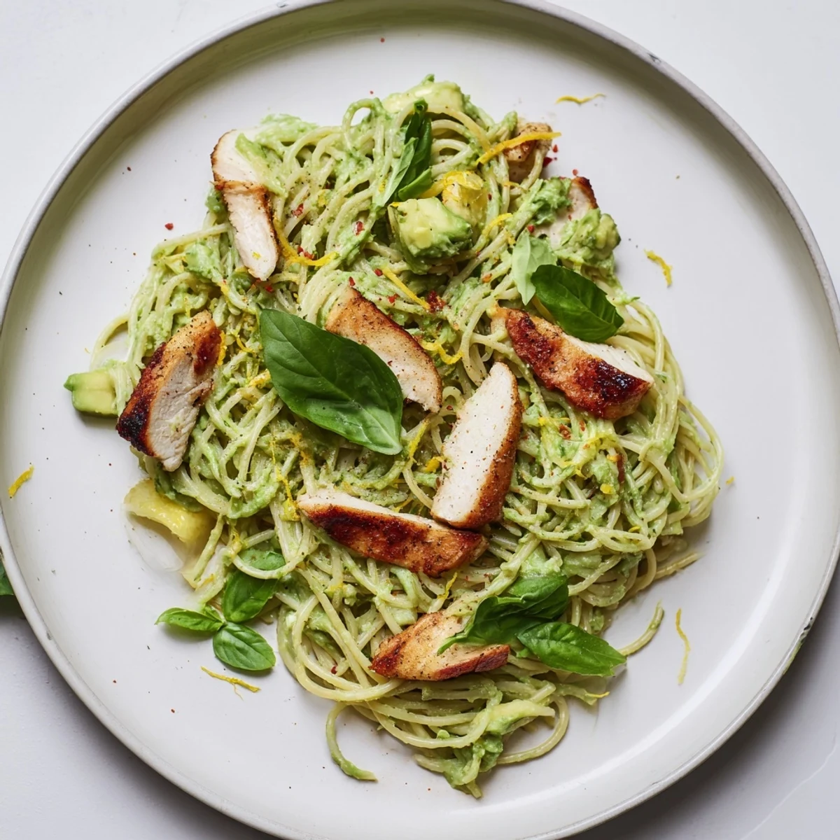 A close-up of creamy avocado chicken pasta reveals a luscious sauce with vibrant green hues, served with grilled chicken and a glass of white wine.