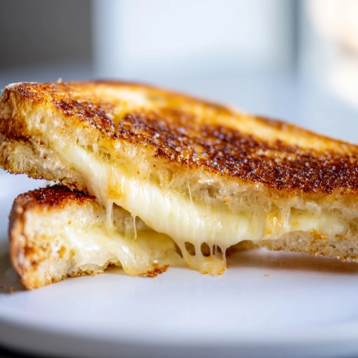 Golden, melted mozzarella, cheddar, and provolone ooze from a crispy, buttery Three-Cheese Grilled Cheese sandwich.