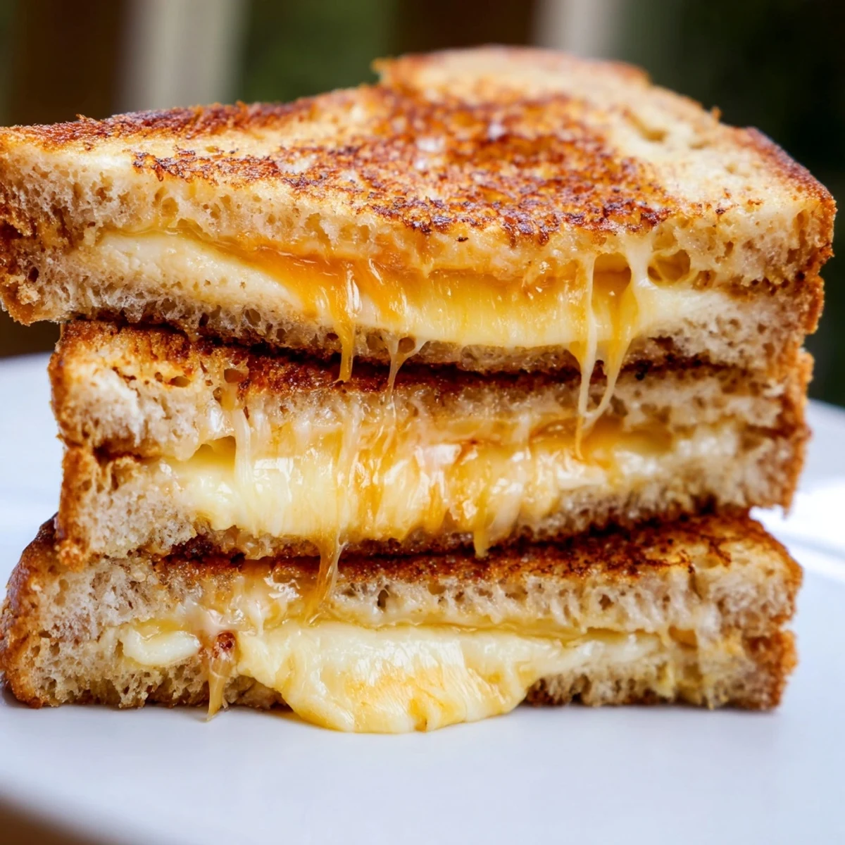 Buttery sourdough slices grill to perfection, showcasing the gooey, triple-cheese melt of this Three-Cheese Grilled Cheese.